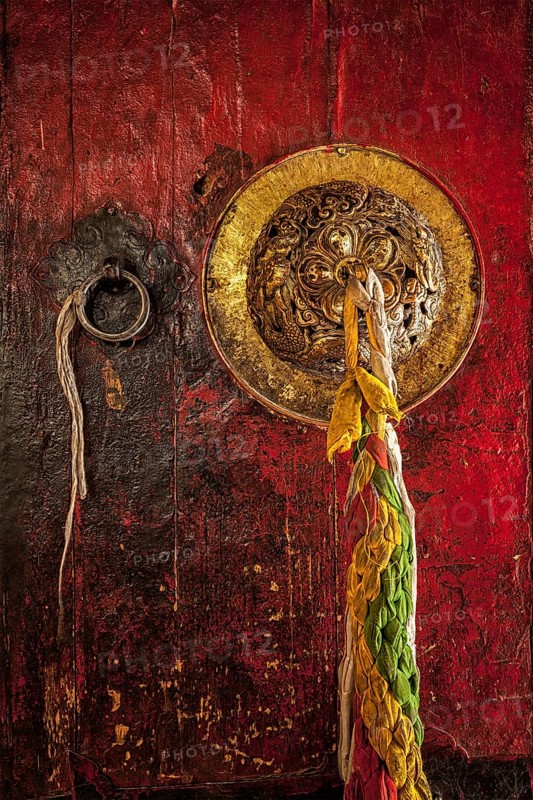 Decorated door handle of gates of Hemis gompa (Tibetan Buddhist monastery) . Ladakh, India, Asia