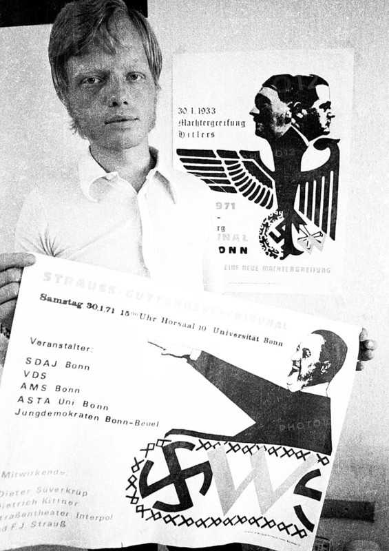 With this poster for an event in Bonn, F.J.Strauß and Baron Karl-Theodor zu Guttenberg (sen.) felt insulted and the LG Dortmund sentenced Hans Walter von Oppenkowski (verantw. i.S.PG) to a fine in Aug. 1971, Germany, Europe