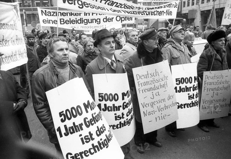 Organisations of French Jews and German Nazi victims demonstrated for a condemnation of Gestapo and SS man Kurt Lischka, who was responsible for the deportation of 76, 000 Jews in France during the war, in Cologne, Germany, 31 January 1980, Europe