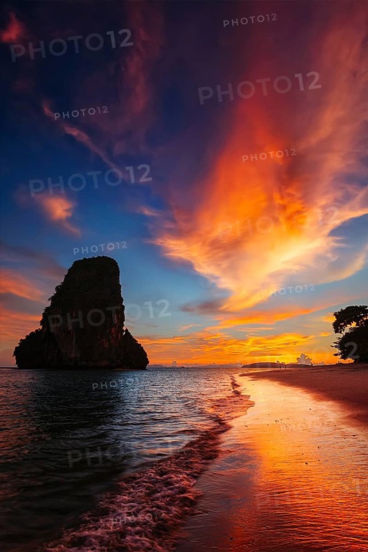 Tropical holidays vacation sunset beach. Pranang beach. Railay, Krabi Province Thailand