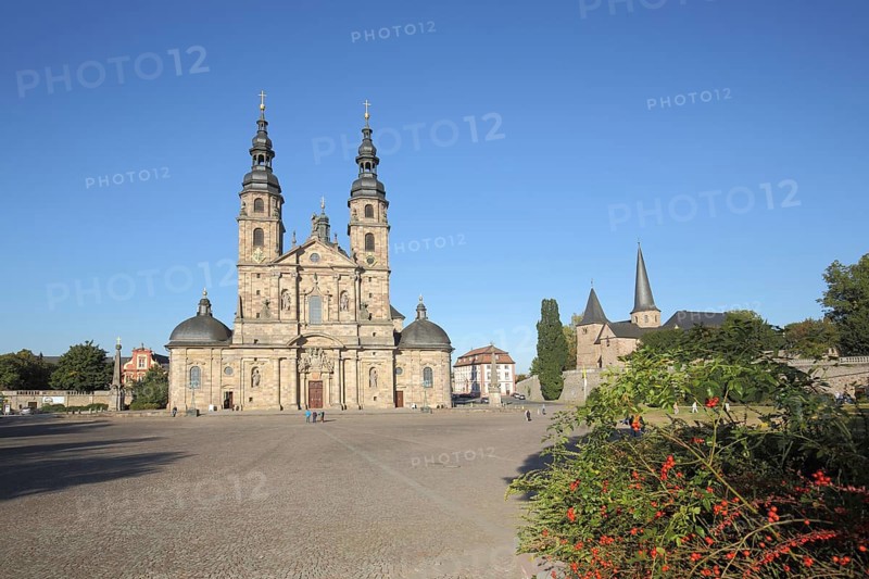 Cathedral square with baroque St. Salvator's Cathedral and St. Michael's Church, Fulda, Hesse, Germany, Europe