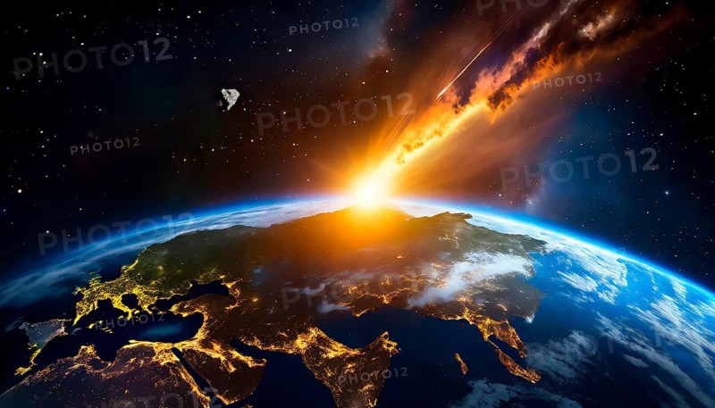 Cosmic catastrophe in space, environmental disaster caused by the impact of an asteroid on Earth, AI generated