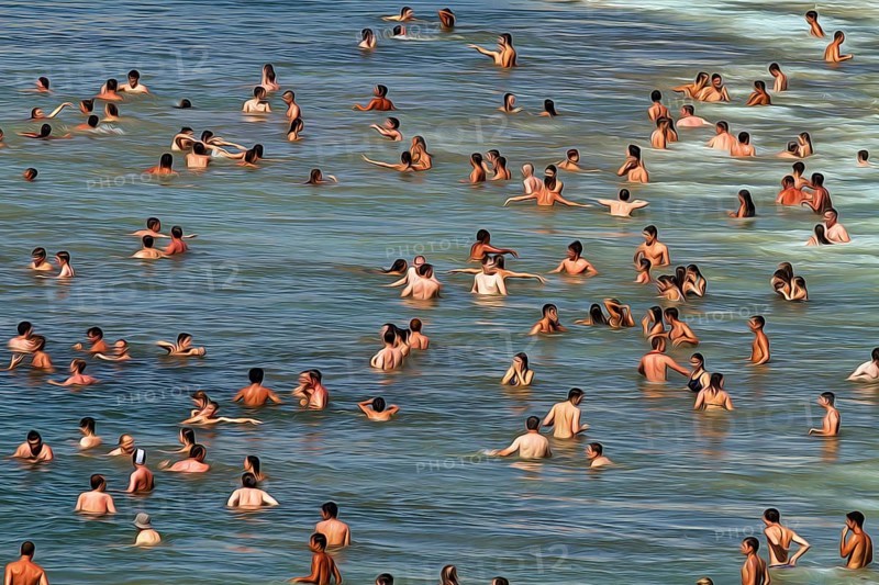 View from above of anonymous crowd on the beach, tourists swimming in the sea, enjoying cooling off, fun in summer, illustration, Biarritz, France, Europe