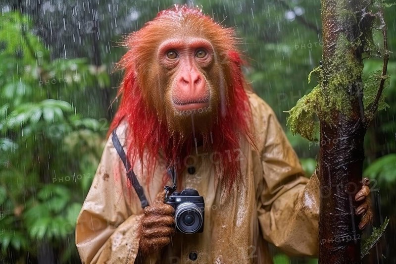 Red Uakari monkey wearing a raincoat and holding a camera in the rainforest, AI Generated