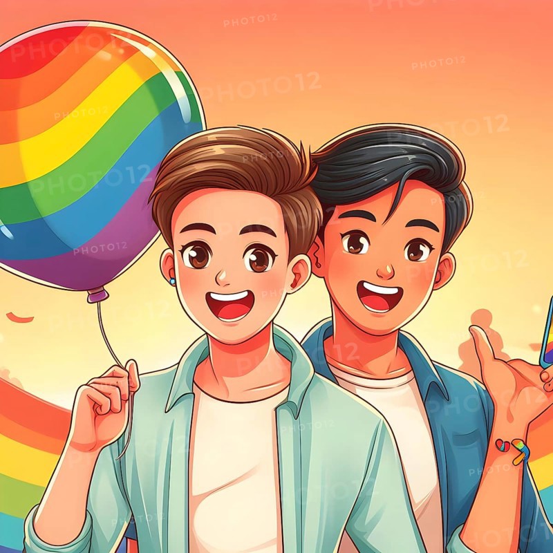 LGBT concept gay couple holds pride rainbow flag and balloons. AI generated