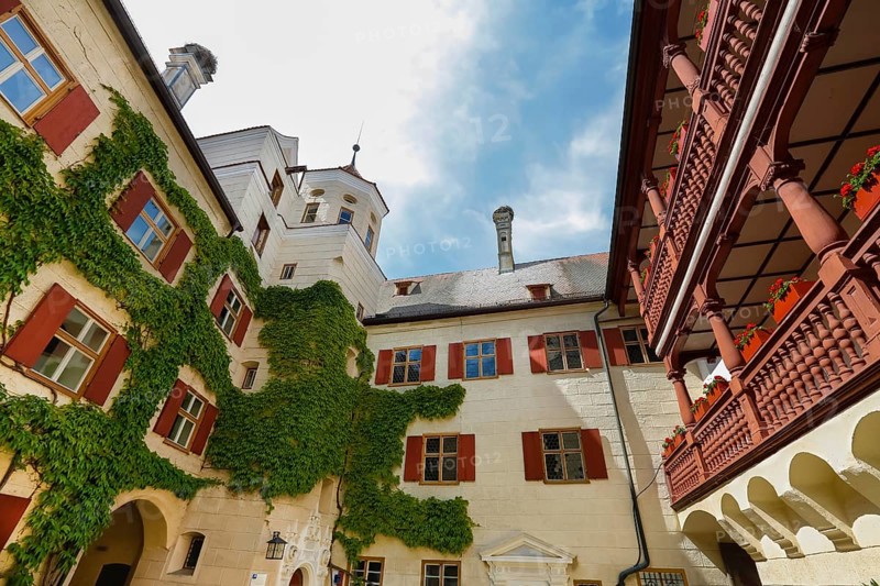 Brenz Castle, Renaissance castle from the 17th century, tower, clock, inner courtyard, wooden courtyard arcades, landmark of the municipality of Sontheim an der Brenz, the oldest local history museum in Baden-Württemberg, local history, rural life, geological, palaeontological, local history collection, architecture, historic building, district of Brenz an der Brenz, Sontheim an der Brenz, district of Heidenheim, Baden-Württemberg, Germany, Europe