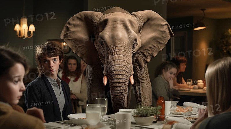 Group of family and friends at the dinner table ignoring the elephant in the room. generative AI