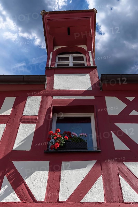 Historic lift bay window on a residential building, Schnaittach, Middle Franconia, Bavaria, Germany, Europe