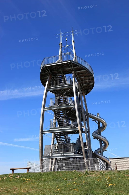 Noah's Sails lookout tower at Ellenbogen, 813 m. high mountain of the Rhoen in the district of Schmalkalden-Meiningen, Thuringia, Germany, Europe