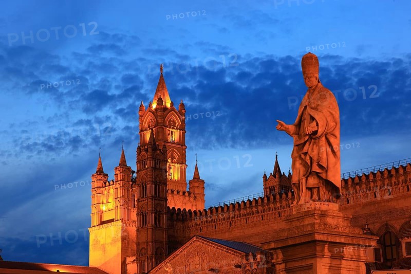 In the old town of Palermo, statue of the saint in front of the Cathedral Maria Santissima Assunta, Roman Catholic Church, Unesco World Heritage Site, Sicily, Italy, Europe