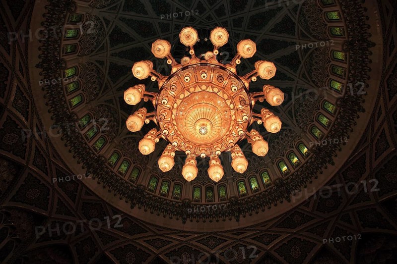 The Great Sultan Qabus Mosque in Muscat is the main mosque in Oman. It is considered one of the most important buildings in the country and one of the largest mosques in the world. Large chandelier in the men's prayer hall, Oman, Asia