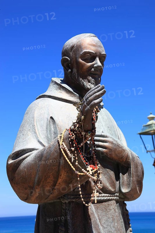 Castellammare del Golfo, statue of Padre Pio of Pietrelcina with prayer chains on his right hand, Sicily, Italy, Europe