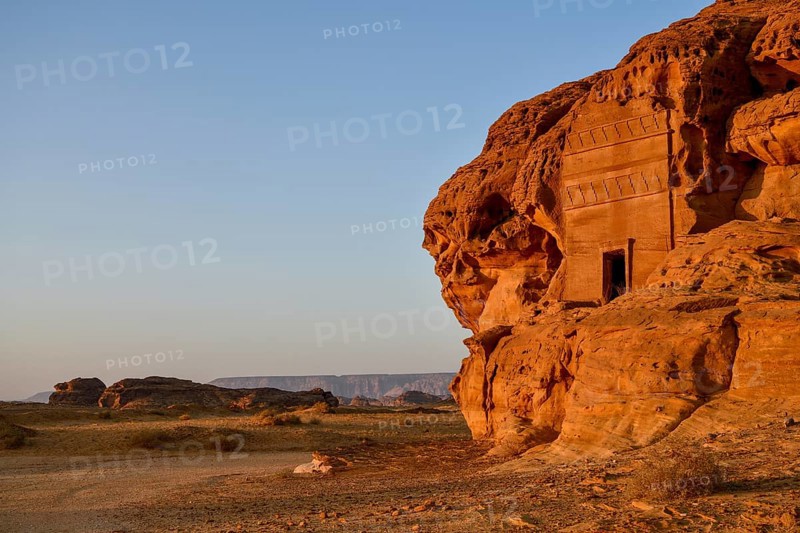 Nabataean tomb at Djabal Al-Ahmar in first daylight, Hegra or Mada'in Salih, AlUla region, Medina province, Saudi Arabia, Arabian Peninsula, Asia