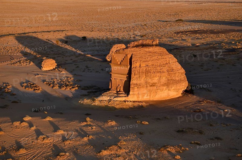Qasr Al-Farid, 2000-year-old tomb of the Nabataeans, aerial view, Hegra or Madain Salih, AlUla region, Medina province, Saudi Arabia, Arabian Peninsula, Asia
