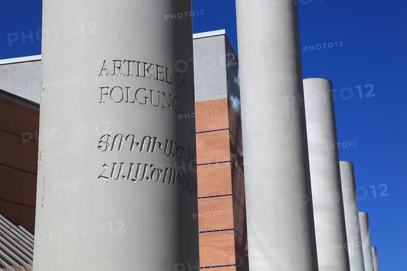 In the historic centre of Nuremberg, Street of Human Rights, by artist Dani Karavan at the Germanic National Museum, white columns with human rights articles in short form, Middle Franconia, Bavaria, Germany, Europe