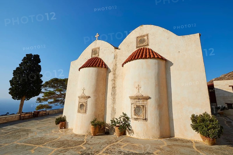 Super wide angle, Two-nave chapel, Red tiled roofs, Cloudless blue sky, Tree, Preveli, Orthodox monastery, South coast, Rethimnon province, Crete, Greece, Europe