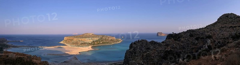 Gramvoussa Peninsula, panoramic photo, lagoon, island, turquoise sea, green sea, blue sea, Pirate Bay, Balos, Tigani, blue cloudless sky, West Crete, island of Crete, Greece, Europe