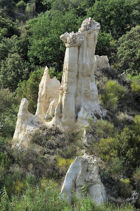 Strange rock formations created by water erosion at the Orgues d'Ille-sur-Têt in the Pyrénées-Orientales, Pyrenees, France, Europe