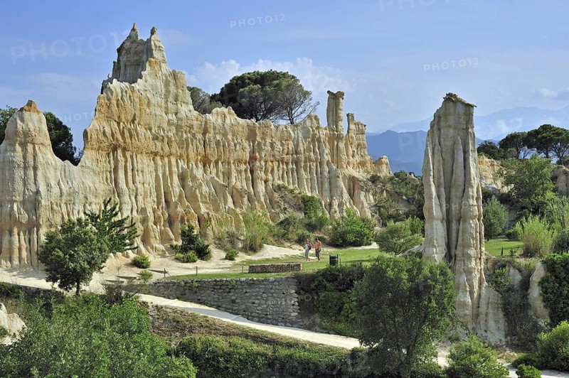 Strange rock formations created by water erosion at the Orgues d'Ille-sur-Têt in the Pyrénées-Orientales, Pyrenees, France, Europe