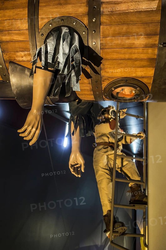 Old wooden submarine and early diving suit at the Cité de la Mer, maritime museum in Cherbourg, Normandy, France, Europe