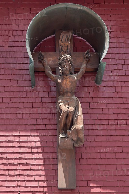 Wooden Jesus cross on a shingle wall, Nesselwang (Ostallgäu), Bavaria, Germany, Europe