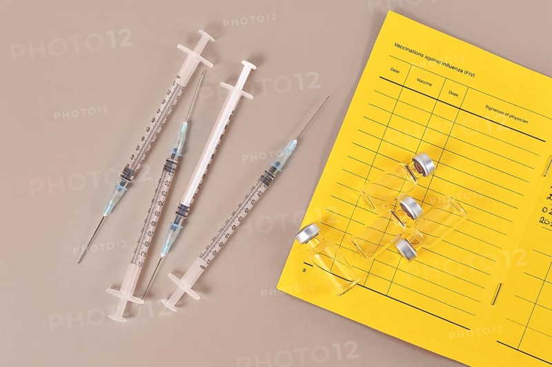 Concept for Corona virus booster vaccination showing vaccine passport with 4 syringes and vials