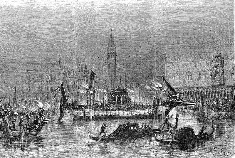 Funeral of Daniele Manin (13 May 1804) (22 September 1857), Manin died in France, After the annexation of Veneto to the Kingdom of Italy, his remains were transferred to Venice in 1868 and solemnly buried on the north façade of St Mark's Basilica, Funeral gondola, Historic, digitally restored reproduction of a 19th century original
