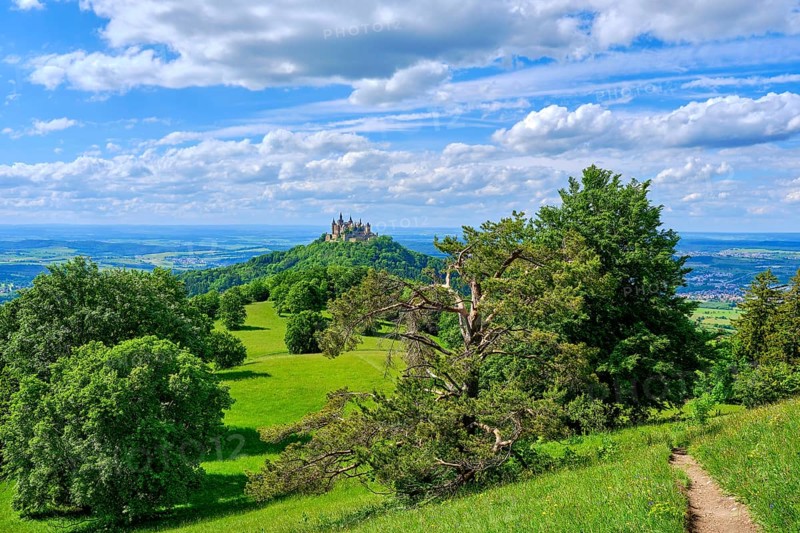 View of Hohenzollern Castle, the ancestral seat of the Hohenzollern dynasty, from the Zeller Horn on the Raichberg on the Zollernalb, Swabian Alb near Albstadt, Burladingen and Hechingen, Baden-Württemberg, Germany, Europe