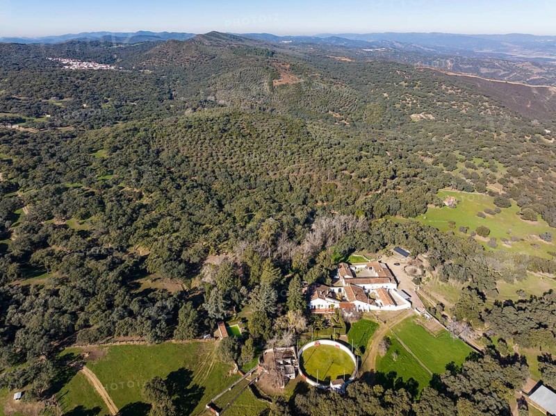 Country estate with own bullring in the Sierra de Aracena. aerial view, drone shot, Huelva province, Andalusia, Spain, Europe