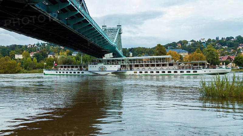 Steamship Leipzig at the blauen Wunder during a slight flooding of the Elbe. The passenger steamer Leipzig was built in 1929 and is thus the youngest and also the largest paddle steamer in the fleet of Sächsische Dampfschiffahrt