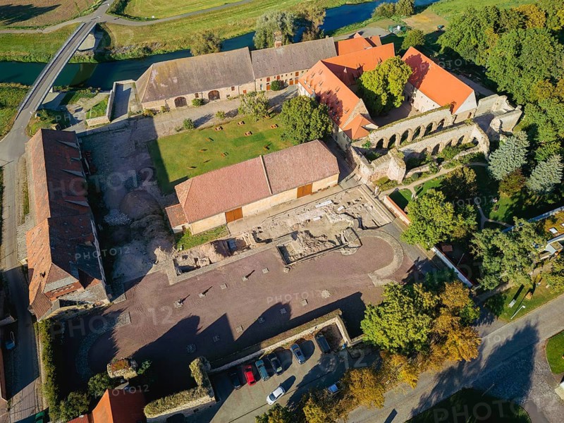 Aerial view of Memleben Monastery and presumed imperial palace, Memleben, Saxony-Anhalt, Germany, Europe