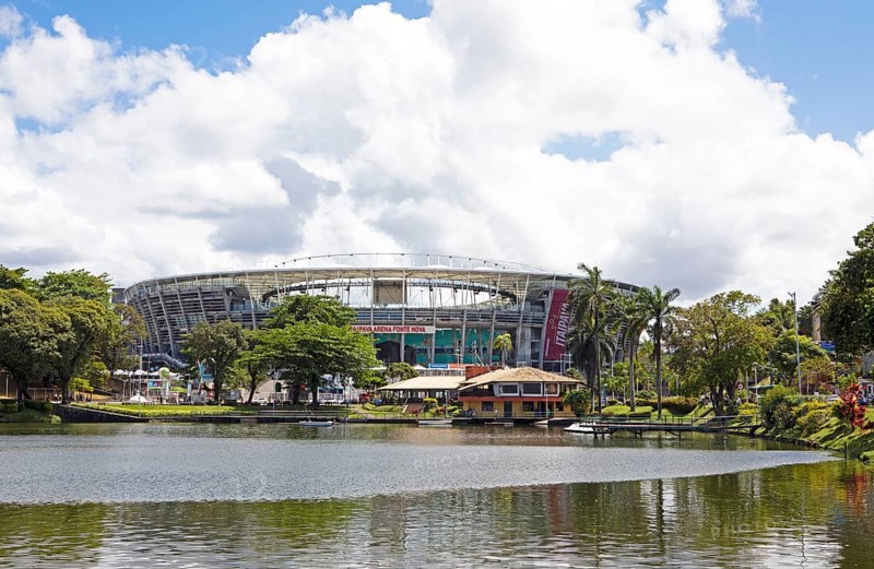 Football stadium Arena Fonte Nova or Complexo Esportivo Cultural Professor Octávio Mangabeira at the natural spring lake Dique do Tororó, Salvador, State of Bahia, Brazil, South America