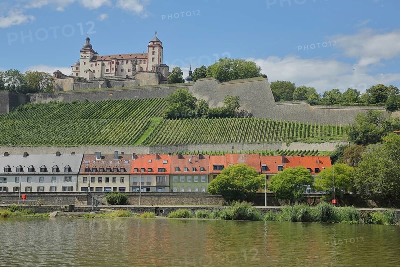 View of Marienberg Fortress with vineyards on the Schlossberg and houses on the banks of the Main, wine-growing area, vines, river, Würzburg, Lower Franconia, Franconia, Bavaria, Germany, Europe