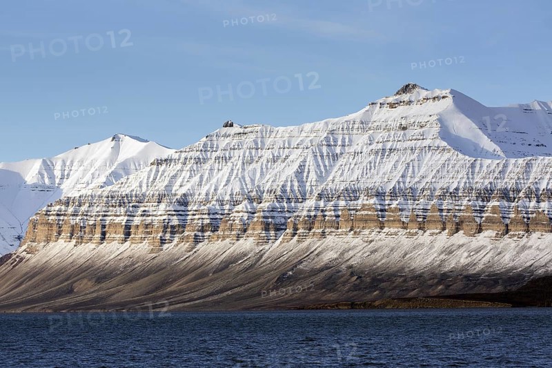 Snow covered mountains at Billefjorden, central fjord of the Isfjorden, Svalbard, Spitsbergen, Norway, Europe