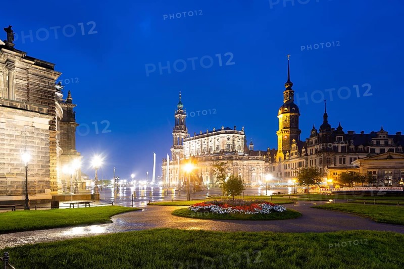 Semper Opera House, Court Church, Residence Palace, Hausmann Tower, King John Monument and Schinkel Guard at Theaterplatz during rain, Dresden, Saxony, Germany, Europe