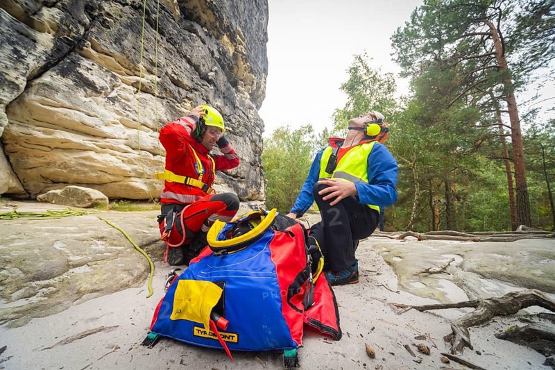 Winch rescue training of the rescue helicopter, Christoph 62, on the occasion of the 50th anniversary of the DRF Luftrettung. The rescue of casualties in the Elbe Sandstone Mountains will be practised