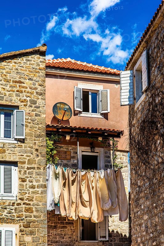 Alstadtgasse with Waescheleine, Budva, Montenegro, Budva, Montenegro, Europe
