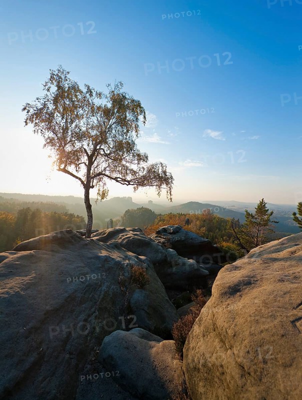 View from the Carola rock into the Schrammstein area in the back of Saxon Switzerland