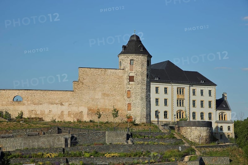 Tower of the castle with city fortifications and building of the university of cooperative education, Plauen, Vogtland, Saxony, Germany, Europe