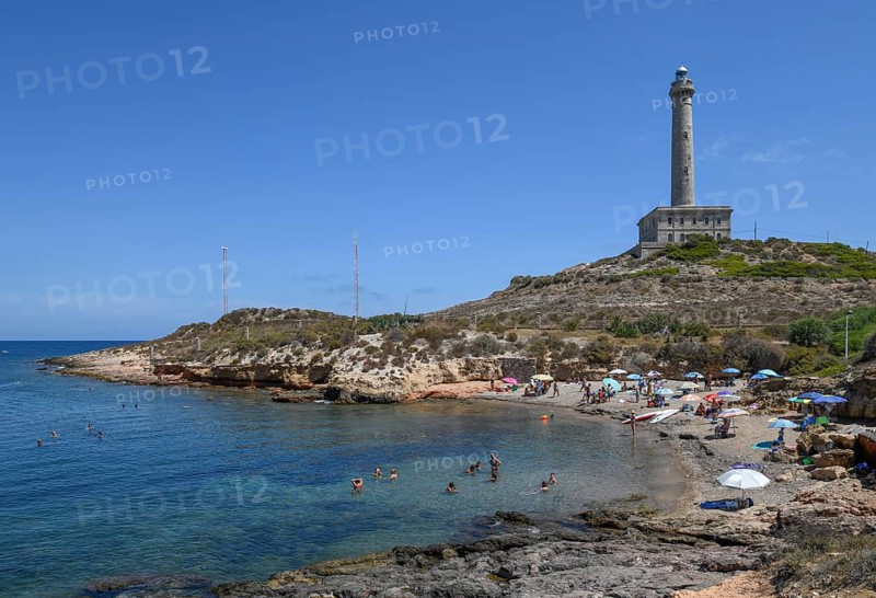 Túnez beach and lighthouse at Cabo de Palos, near La Manga del Mar Menor, Murcia province, Costa Cálida, Spain, Europe