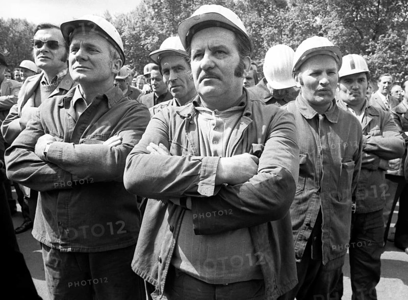 Steelworkers at the Thyssen works in Duisburg took to the streets out of concern for their jobs on 22.05.1975 in Duisburg, Germany, Europe