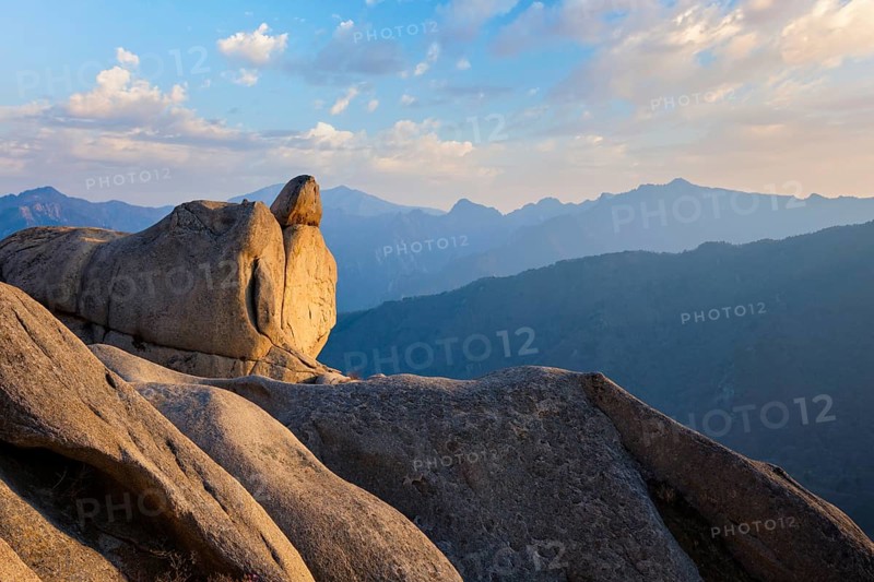 View of stones and rock formations from Ulsanbawi rock peak on sunset. Seoraksan National Park, South Corea