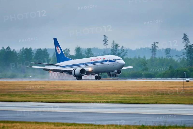 Minsk, Belarus, June 15, 2018: Belavia belarusian airlines flight Boeing 737-300 plane landing on runway in National Airport Minsk, Europe