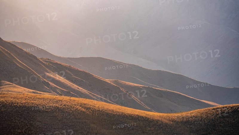 Mountain landscape detail in the evening light, Hills overgrown with yellow grass, Toktogul reservoir, Jalalabad region, Kyrgyzstan, Asia
