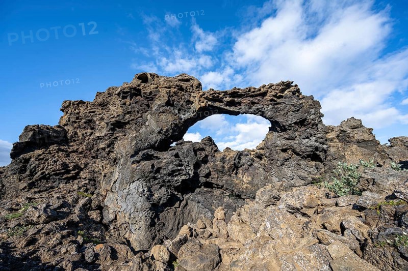 Rock arch, volcanic rock formations, Krafla volcanic landscape, Dimmuborgir lava fields, Mývatn, Iceland, Iceland, Europe