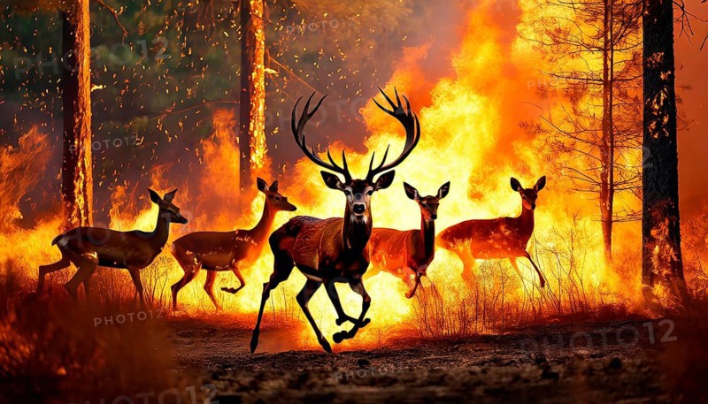 Climate change, global warming, environmental disaster, a herd of deer fleeing a forest fire in great leaps, AI generated