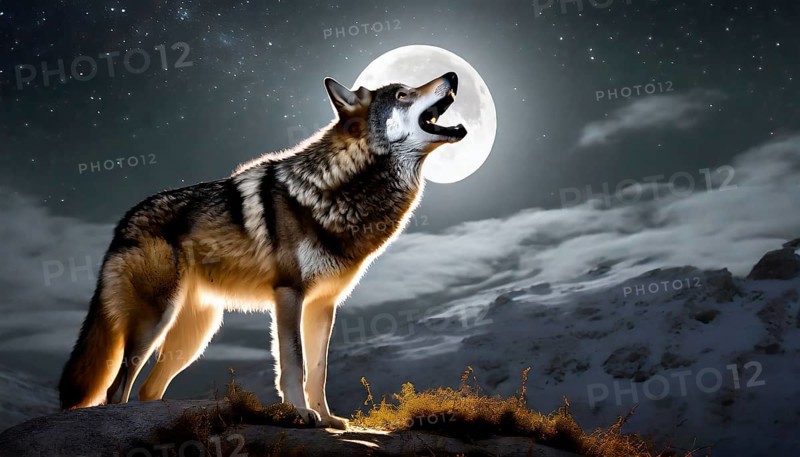 A wolf howls at the full moon, AI generated