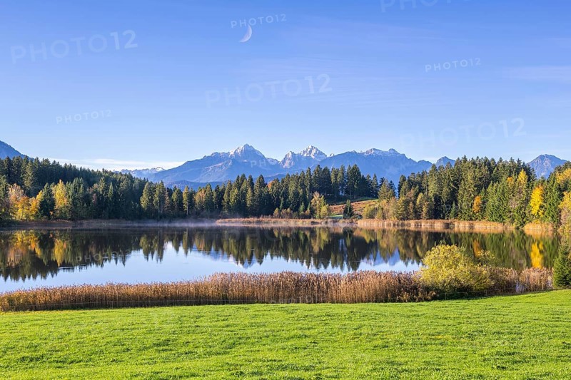 Photomontage, Hegratsrieder See near Füssen, moon, Allgäu Alps, Allgäu, Bavaria, Germany, Europe