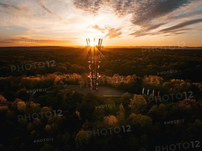 Aerial view of the Schönbuchturm in autumn forest at sunrise, Herrenberg, Germany, Europe