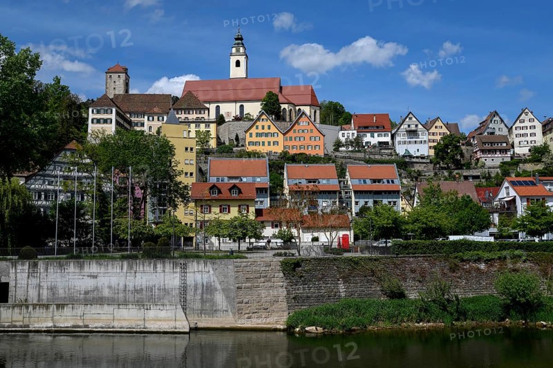 View of Horb am Neckar with the former Dominican monastery, the collegiate church Heilig Kreuz and the Schurkenturm, Baden-Württemberg, Germany, Europe